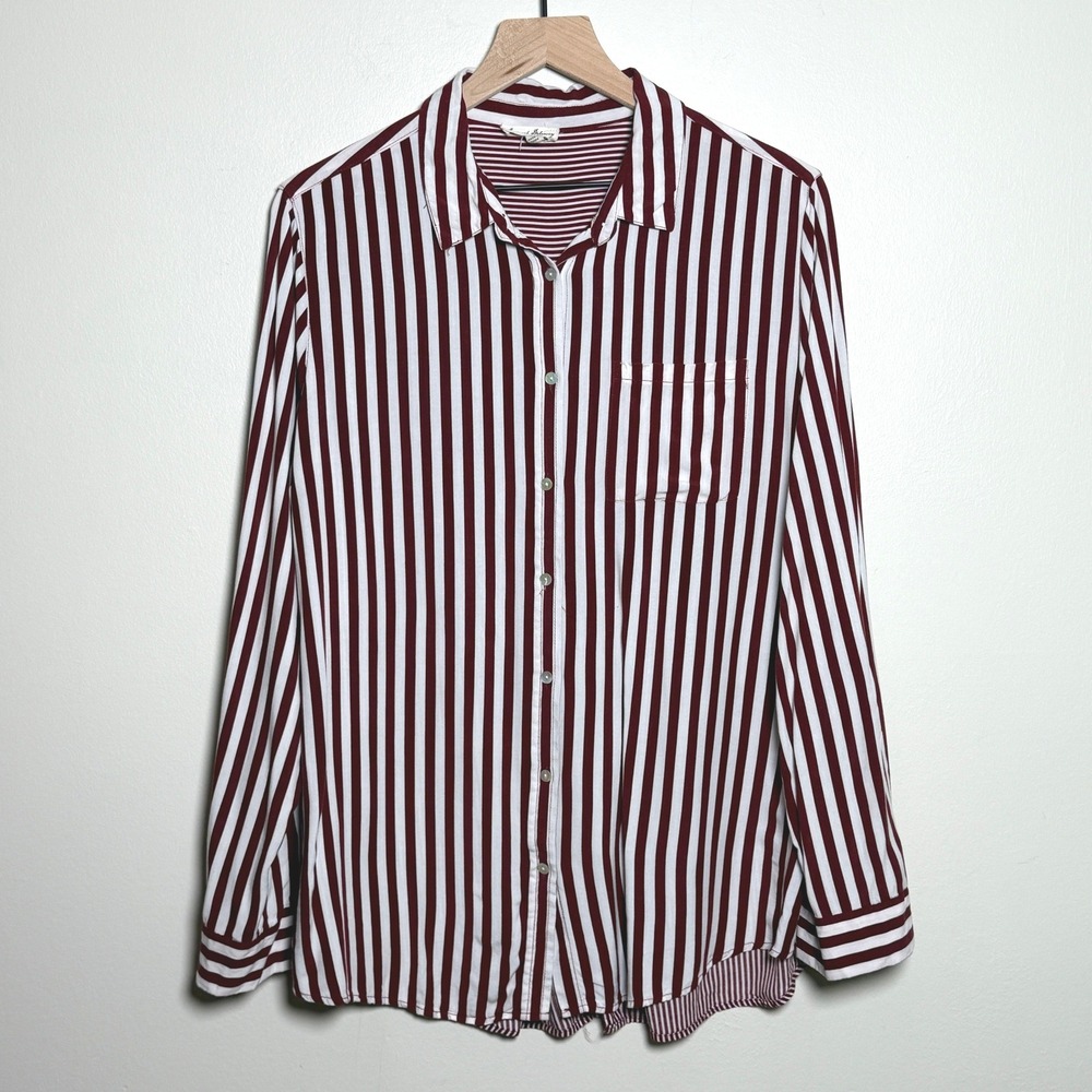 Jane and Delancey XL Burgundy White Striped Roll Tab Shirt Rayon Button Down